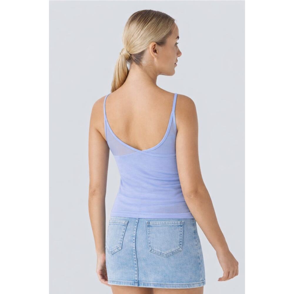 Sz Lg HALARA Light Blue V-Neck Contrast Overlay Mesh Casual Cami Top - Picture 2 of 4